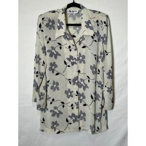Batik Keris Women's Lightweight Floral Design Button Up Long Sleeve Blouse SZ L